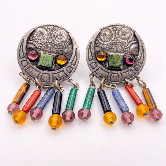 Vintage M. Baer 1980’s Silver Tone Stone Bead Dangle Clip On Earrings w Circle - Picture 1 of 10